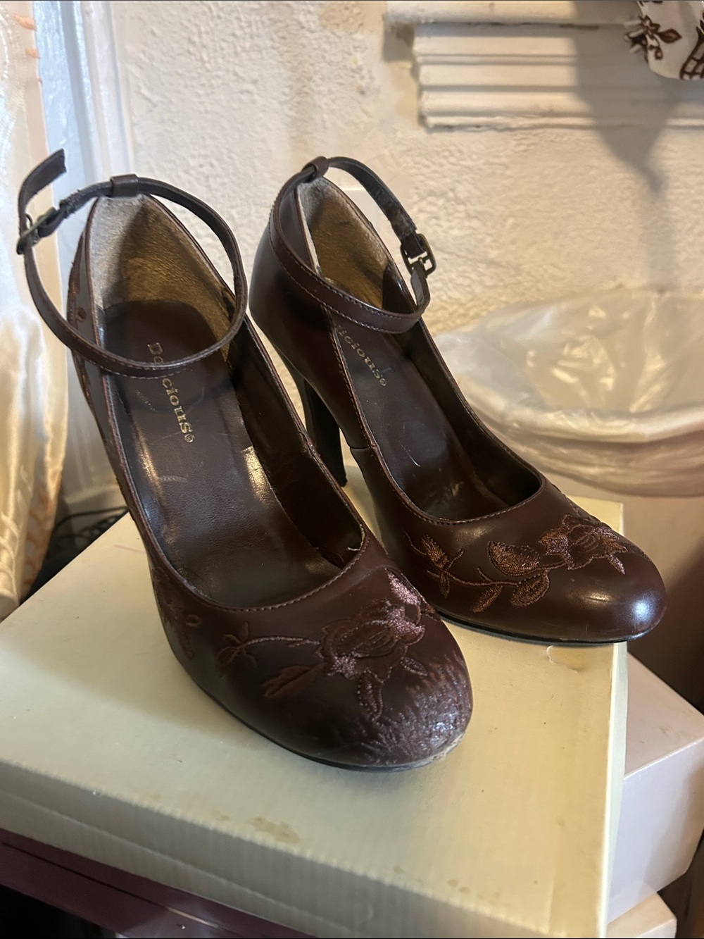 Delicious Brown Floral Embroidered Ankle-Strap Heels